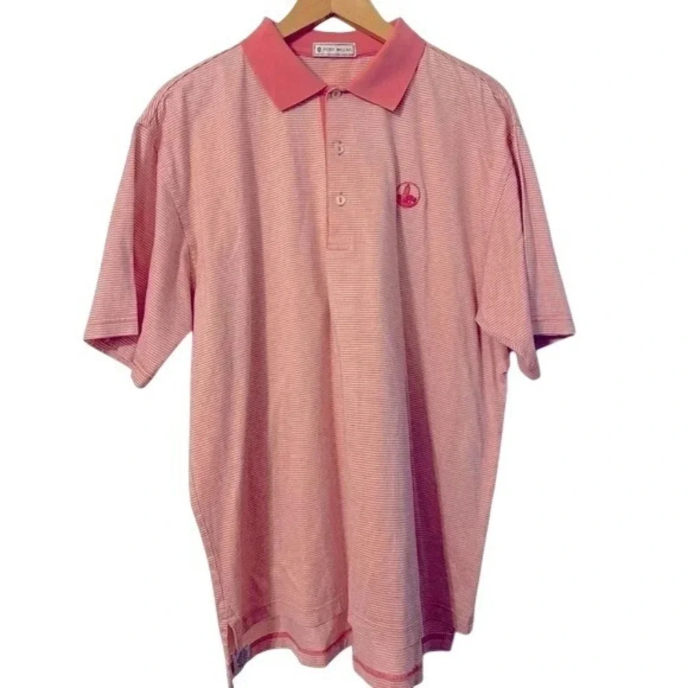 Peter Millar Mens Coral Pink White Striped Lighthouse Polo‎ Shirt Size M Cotton